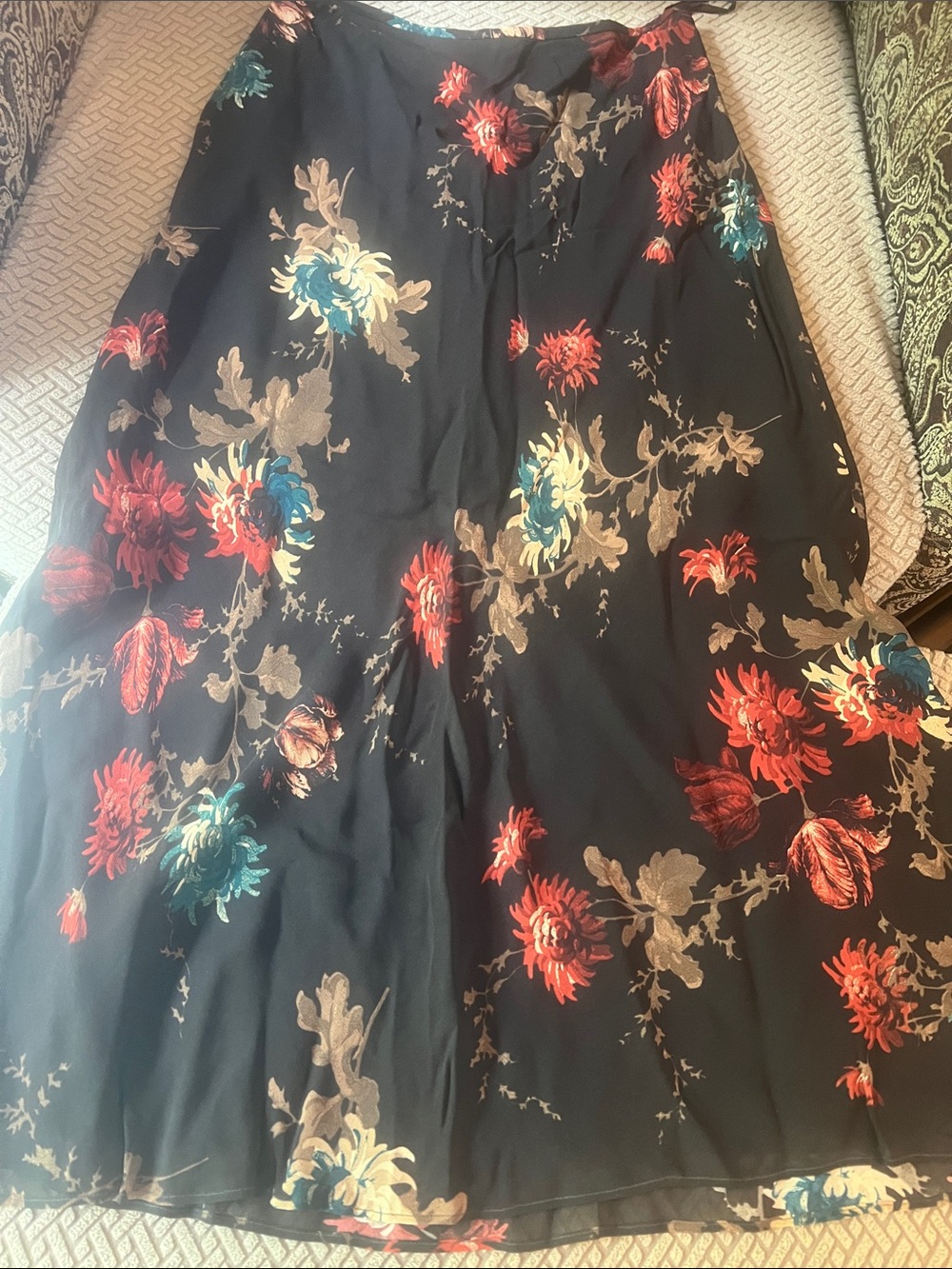 Worn 1x Kasper size 6  Brown Maxi Skirt with Red, Teal & Cream Floral Print.